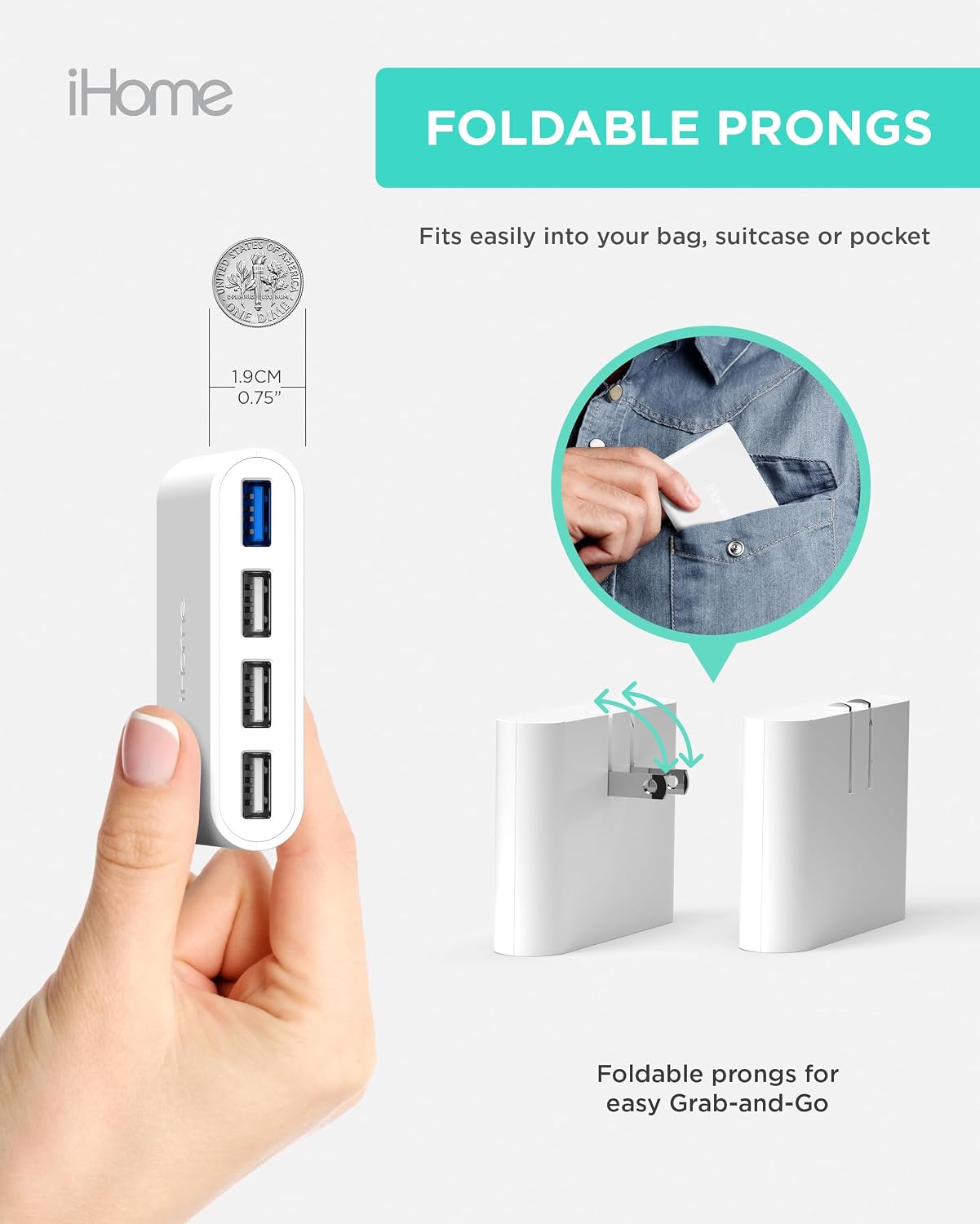 iHome Slim 4-Port USB Wall Charger, Flat Multiport Travel Plug Adapter | Foldable Prongs, 2.4A Rapid Charge Port, Charges iPhone, Android, iPad, AirPods, Travel-Friendly, Charging Block for Home Use