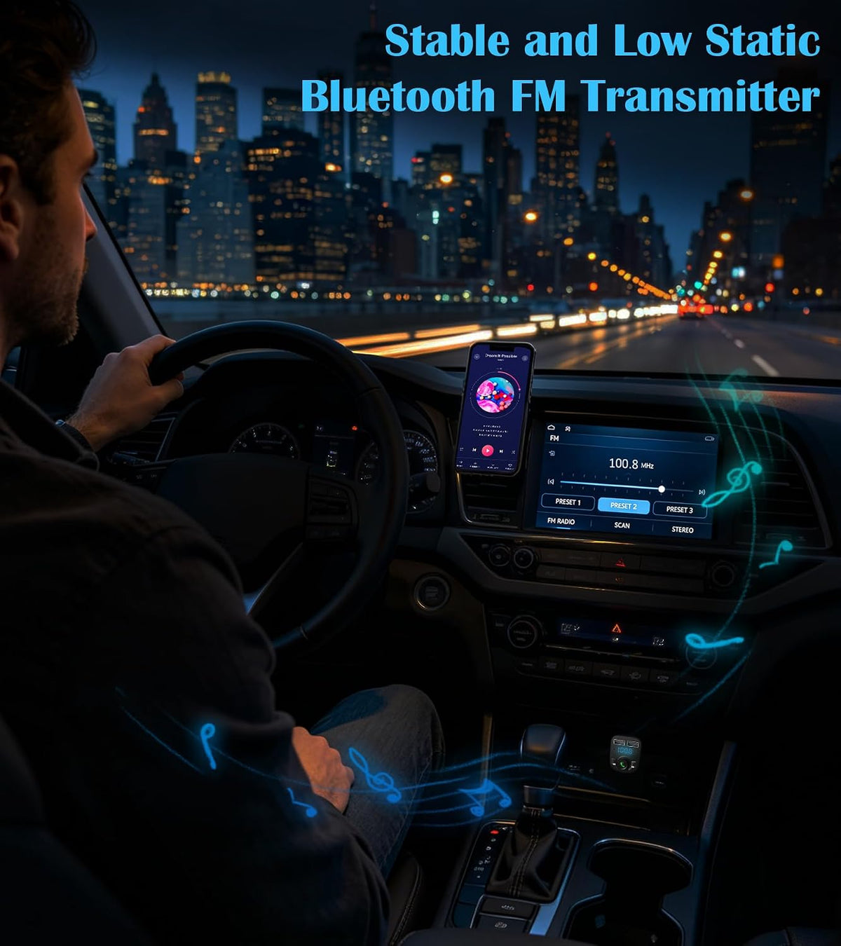 LIHAN Bluetooth Car Adapter 5.3, FM Transmitter, Dual USB Charger | Stream music, Spotify and GPS navigation with hands-free calling while charging two devices through dual USB ports