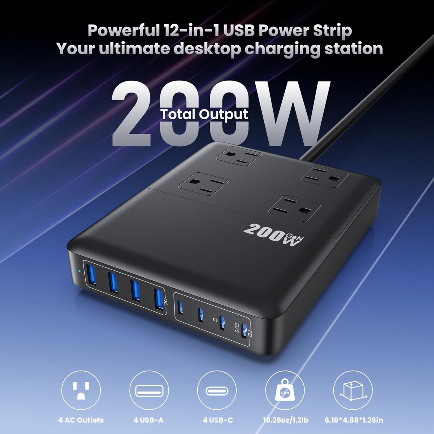 200W Charging Station,12-in-1 USB C Power Strip with Flat Plug and 5ft Extension Cord,4 AC Outlets,4 USB-A,4 USB-C Ports for iPhone 17/16/15,65W PD Fast Laptop Charger for MacBook, Home, Office, Dorm