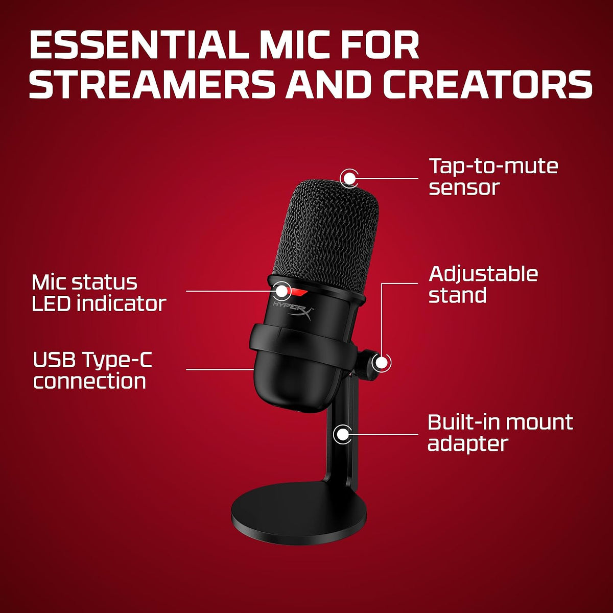 HyperX SoloCast – USB Condenser Gaming Microphone, for PC, PS4, PS5 and Mac, Tap-to-Mute Sensor, Cardioid Polar Pattern, great for Streaming, Podcasts, Twitch, YouTube, Discord,Black
