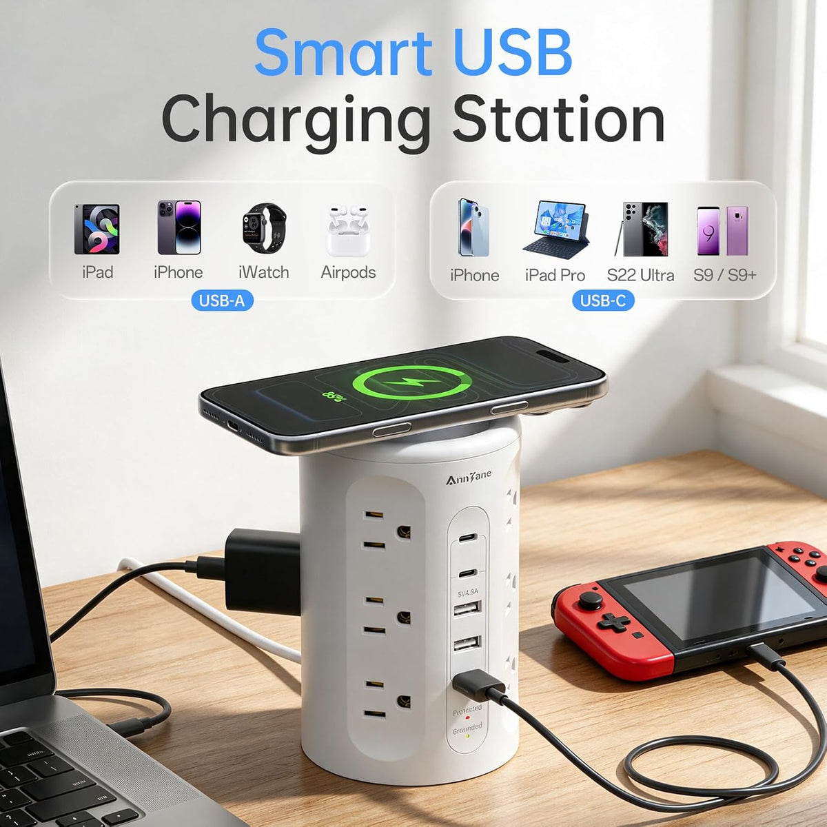 Power Strip Tower with USB Ports, 6.5 FT Extension Cord with Multiple Outlets (12AC+3A+2C) for Home Office Desk College Dorm Room Supplies