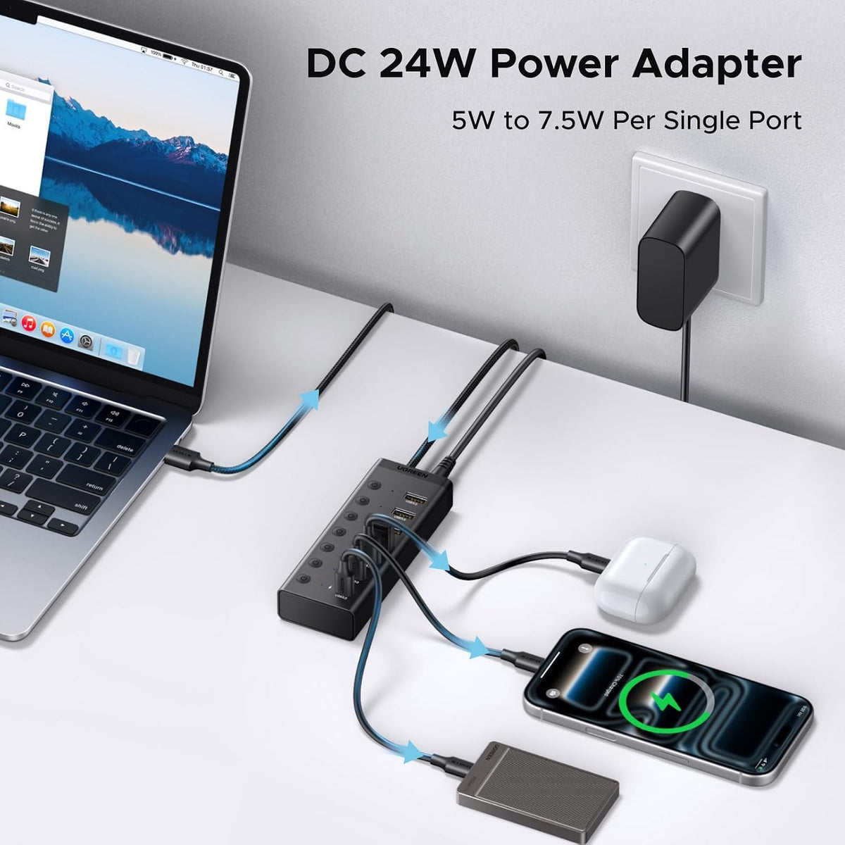 UGREEN 7-in-1 Powered USB 3.0 Hub, 7 Ports, 5xUSB-A and 2xUSB-C, 5Gbps