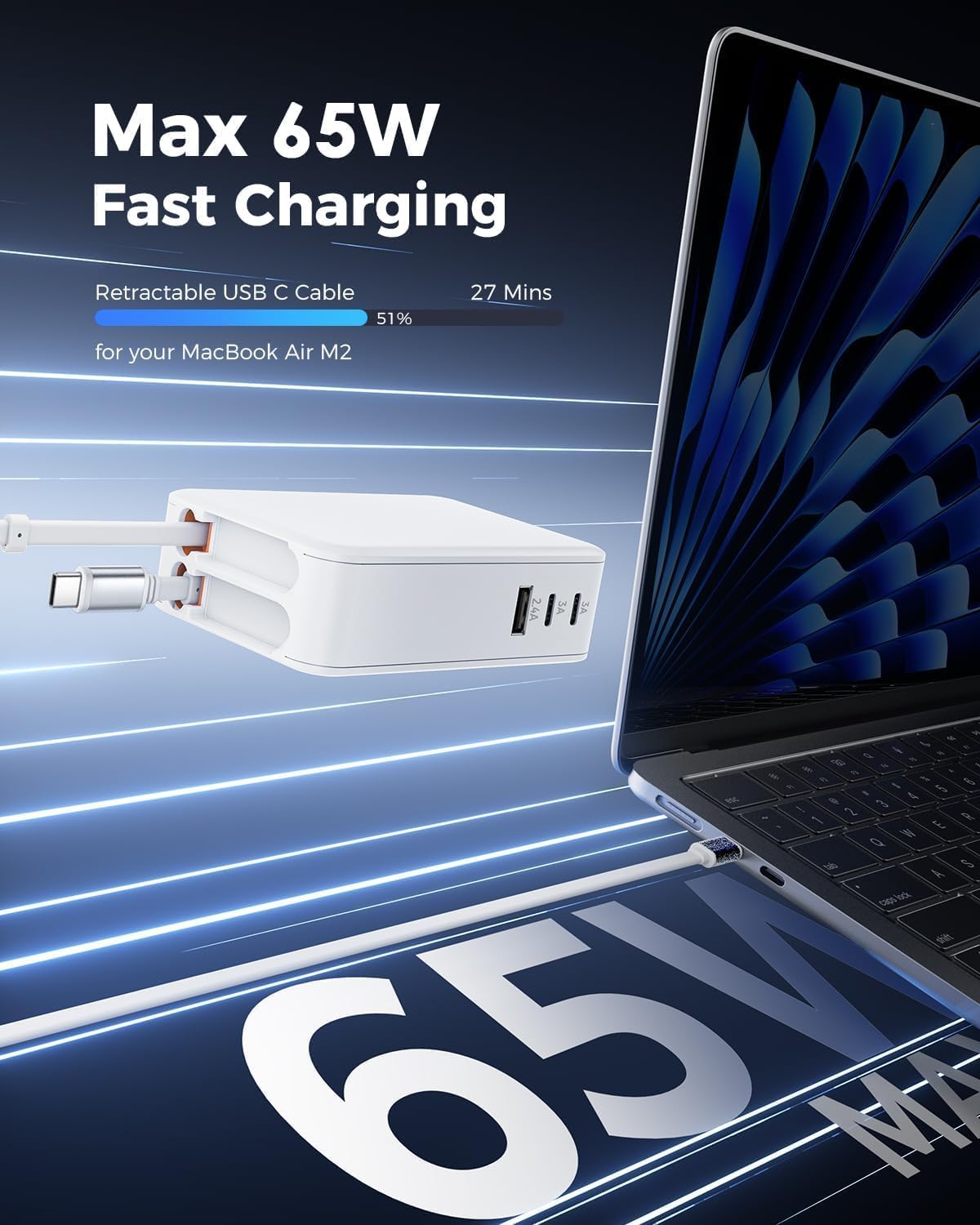 65W Retractable Wall Charger with Dual USB C Cables | 5-Port Charger Block, Compact Foldable Power Adapter, Fast Charging for MacBook Pro/Air Dell XPS ThinkPad ZenBook iPhone iPad