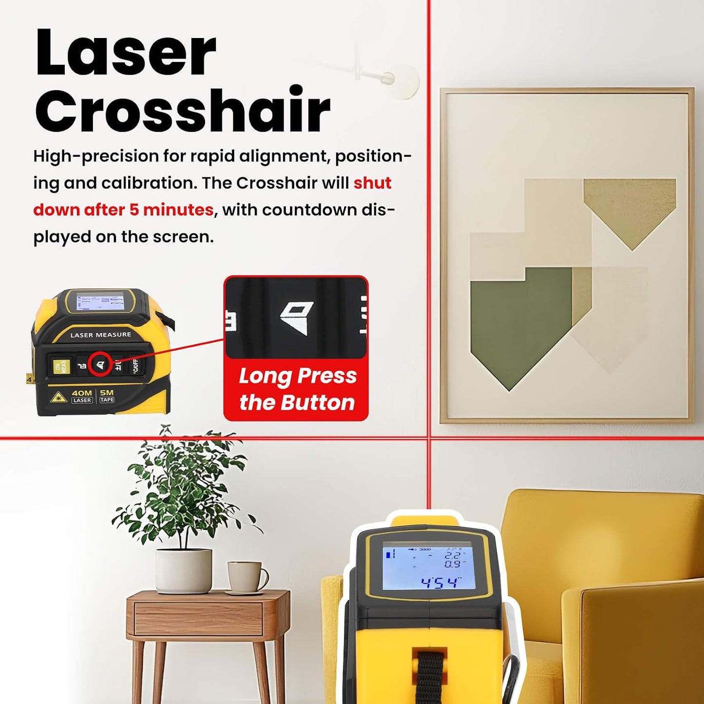 4-in-1 Laser Tape Measure with Level and Crosshairs, 16FT AutoLock Measuring Tape and 130FT Laser Measurement Tool with Large LCD Display, Area, Volume, Pythagorean, Cosine