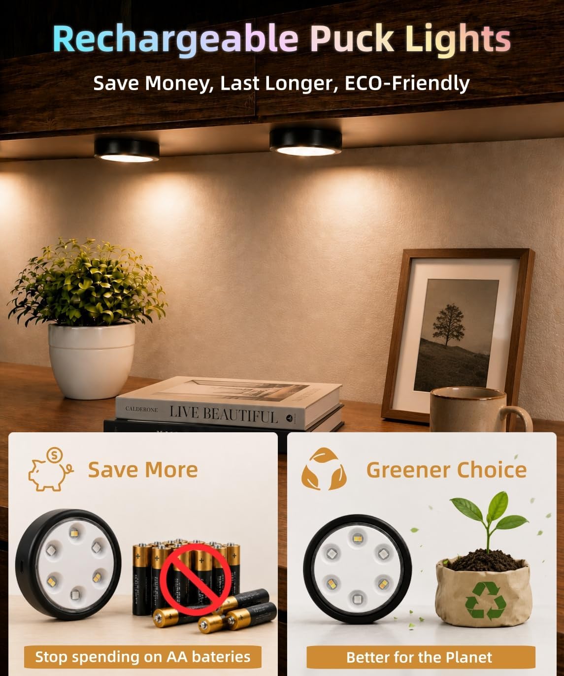 HOLKPOILOT Puck Lights with Remote, Under Cabinet Lights,2000mAh Battery Operated Closet Lights, Magnetic Under Cabinet Lighting Wireless, 3 Color Temps &7 RGB Colors, Black Rechargeable Puck Lights.