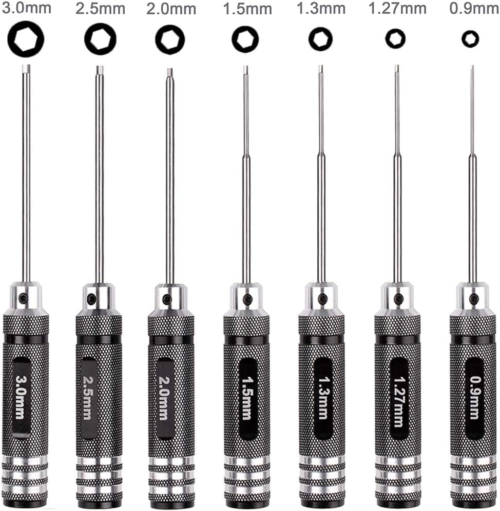 7pcs Hex Screw Driver Set RC Tools Kit 0.9mm 1.27mm 1.3mm 1.5mm 2.0mm 2.5mm 3.0mm Hexagon Screwdriver for Traxxas Arrma Axial Losi Redcat RC Quadcopter Helicopter FPV Racing Drone Models