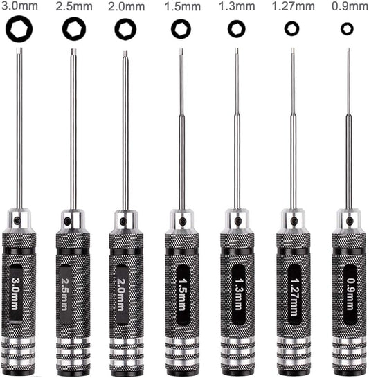 7pcs Hex Screw Driver Set RC Tools Kit 0.9mm 1.27mm 1.3mm 1.5mm 2.0mm 2.5mm 3.0mm Hexagon Screwdriver for Traxxas Arrma Axial Losi Redcat RC Quadcopter Helicopter FPV Racing Drone Models