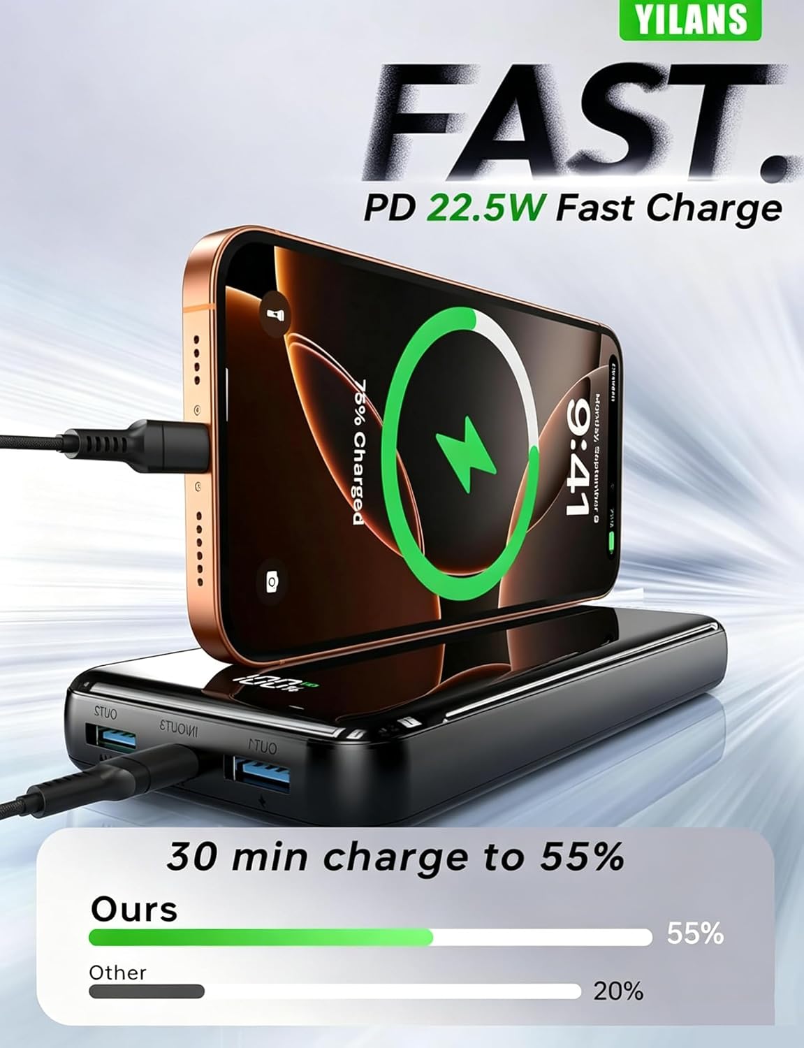 Portable Charger Power Bank, 50000mAh, 4 Built-In Cables,Travel Essentials | 22.5W Fast Charging, Charges 6 Devices, for Smartphone &amp; Tablet,Gift Ideas,for Frequent Traveler,Commuter,Student