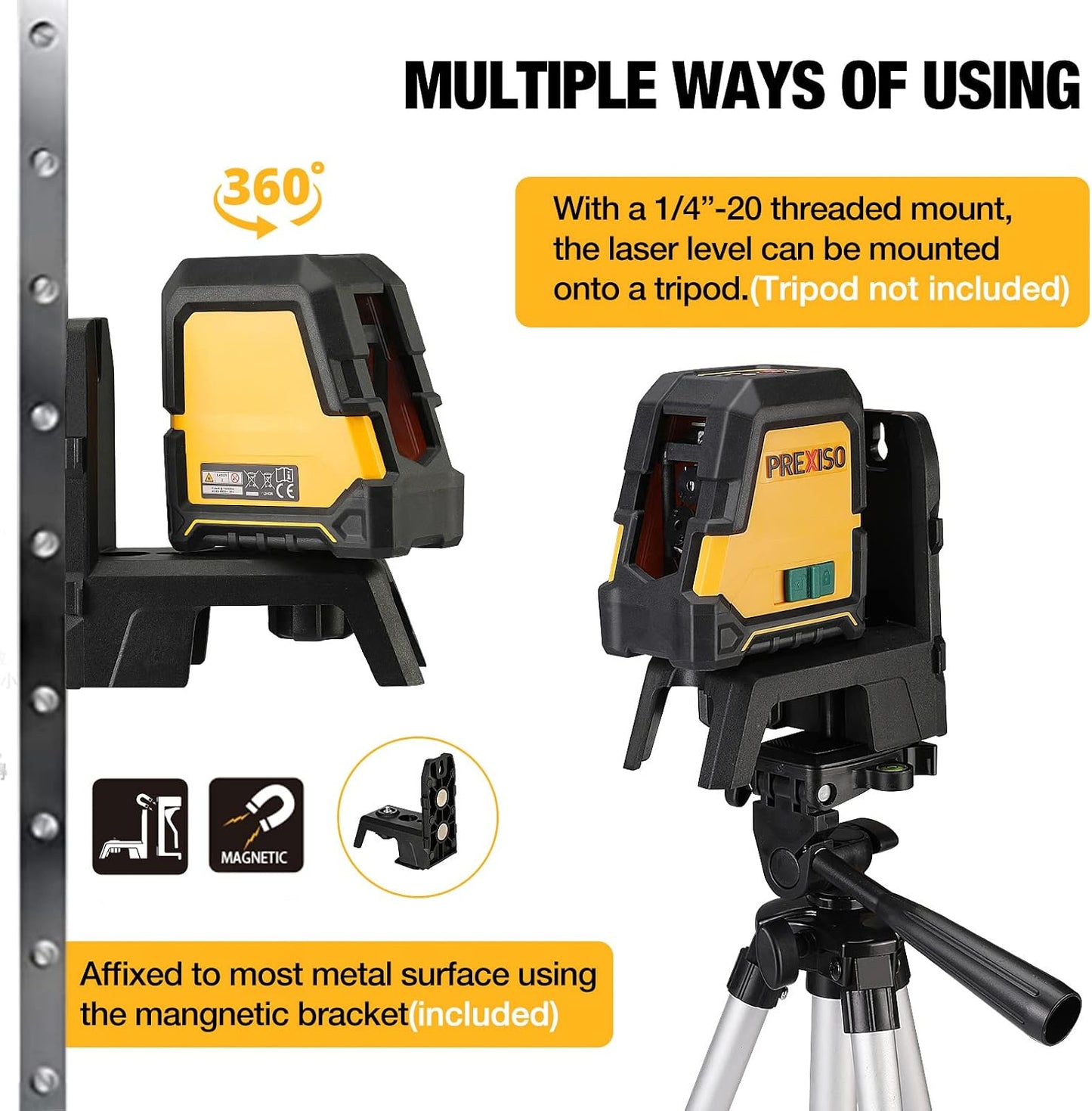 PREXISO Laser Level with Tripod, 100Ft Rechargeable Dual Modules Line Laser | Self Leveling Wide Angle Cross Leveler Tool for Construction, Floor Tile Renovation with Magnetic Base, Target Plate, Bag