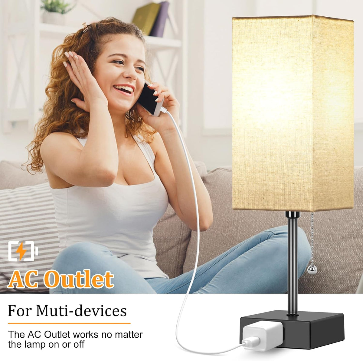 15'' Bedside Table Lamp for Bedroom Small Night Light Lamps for Night stand | Pull Chain Table Lamps for Night stands with AC Outlet，desk lamp with 2 Bulbs Lamp for Living Room Kids Room Office Decor