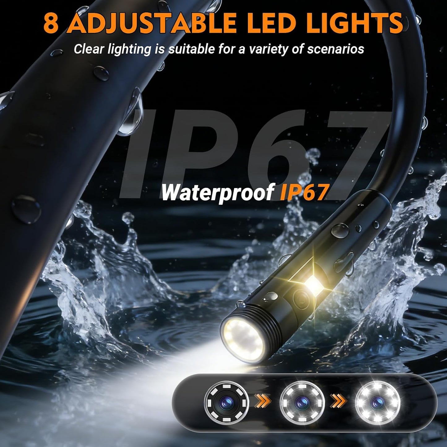 Dual Lens Endoscope Camera with Light, 1080P Borescope | 5" IPS screen inspection camera with 16.5FT semi-rigid snake cable & 32GB card for automotive plumbing