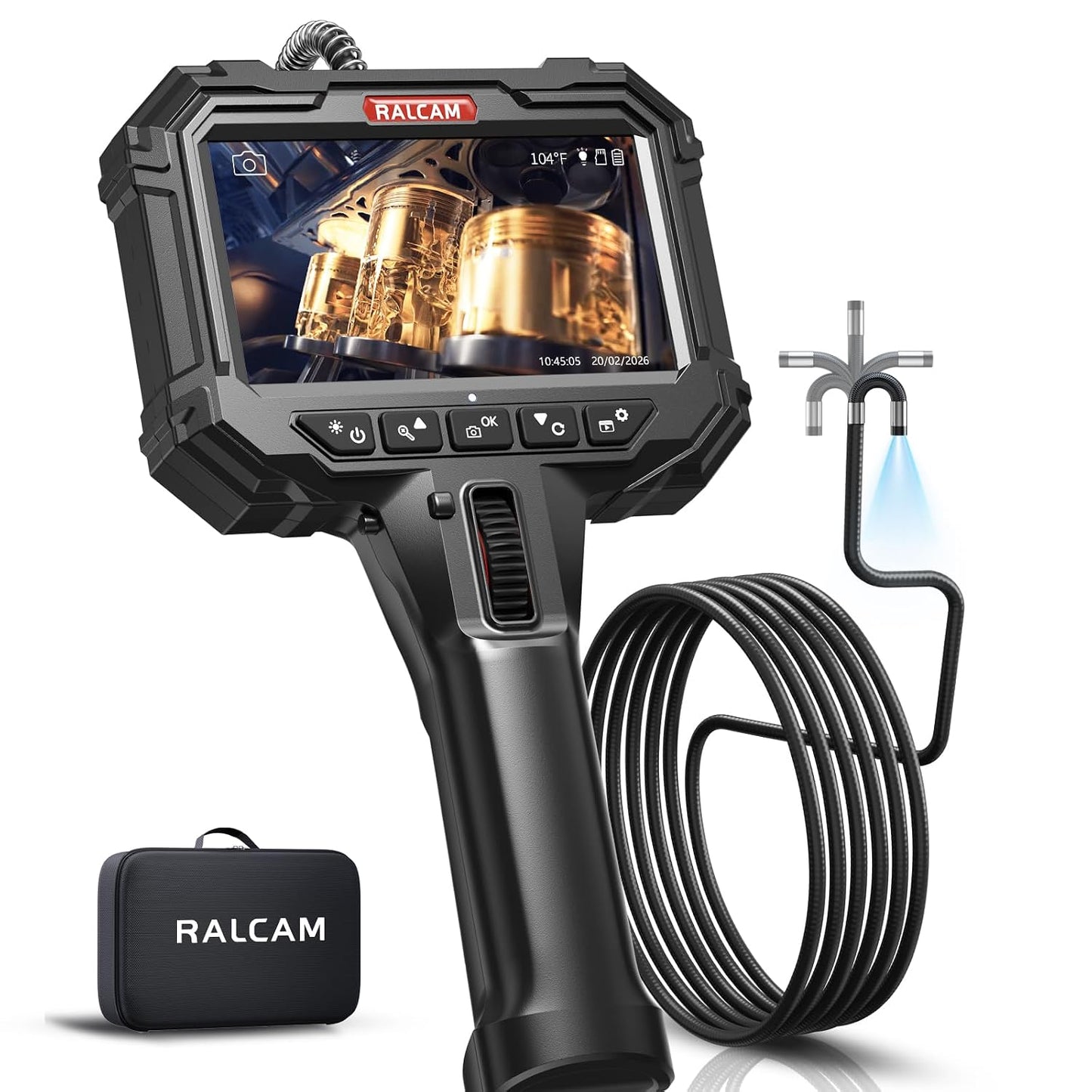 Two-Way Articulating Borescope for Mechanic Automotive HVAC Wall | 8X Zoom, 5" HD Video Endoscope Inspection Camera, 32GB Card, IP67 Waterproof Slim Probe 10FT