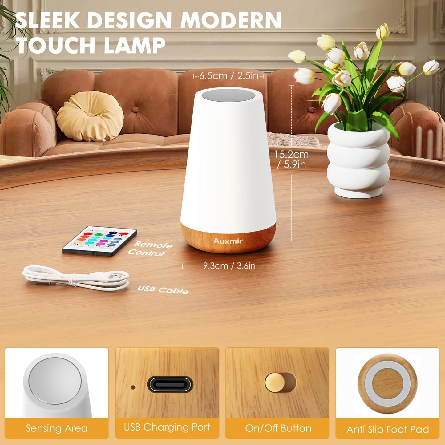 Auxmir Rechargeable Night Light, Remote Control Lamp, Light Brown-2 Pack | touch control, 13 colors, 5 brightness levels, 4 lighting modes, 1/2/4/6-hour auto-off, portable for nursery and camping