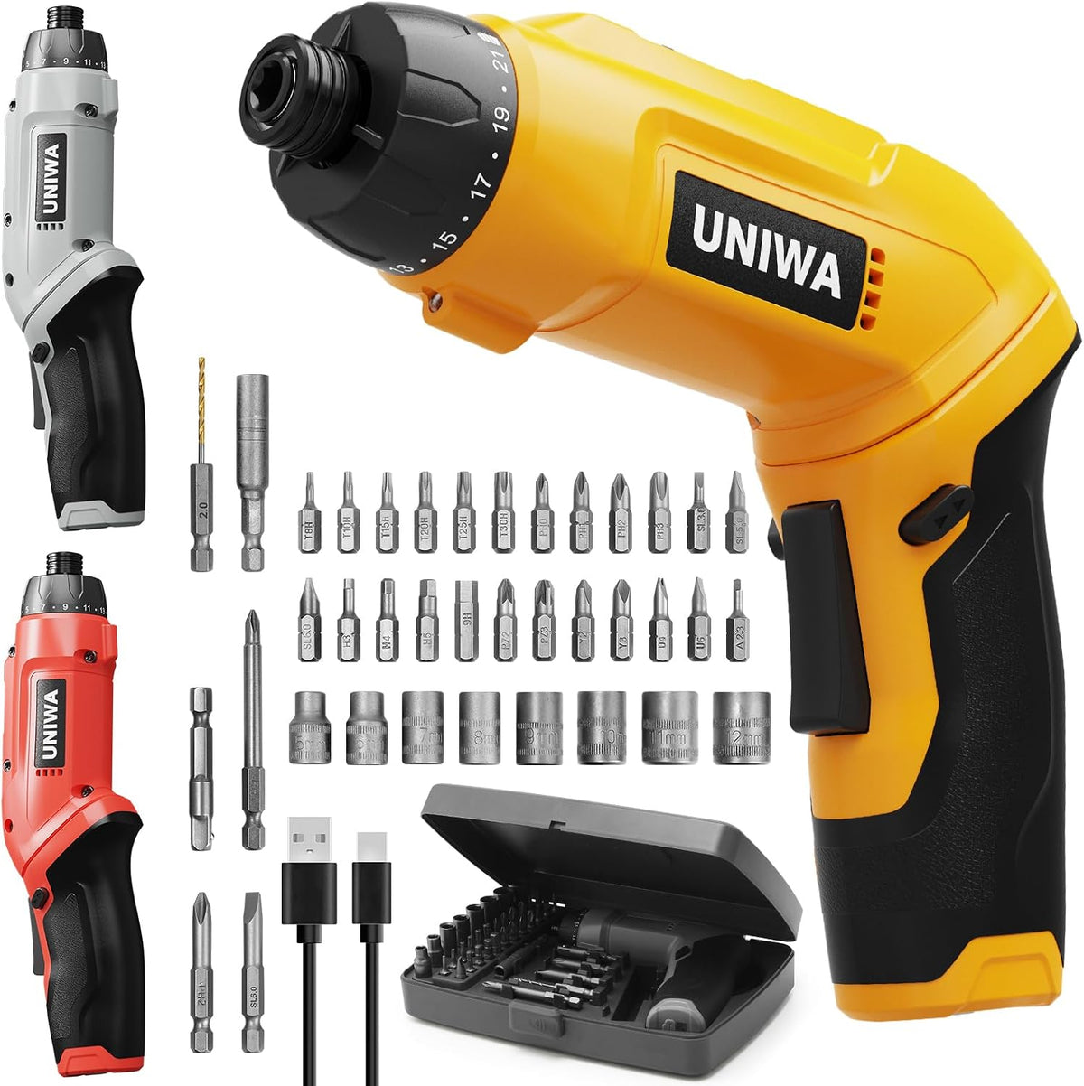 UNIWA Cordless Electric Screwdriver Rechargeable-650 RPM Power Drill-Yellow | Small Drill Cordless, 21+1 Torque Settings, 7.1N.m, 38PCS Bits, Hand Screwdriver Set, 2000 mAh, 3.6V, Pivoting Handle