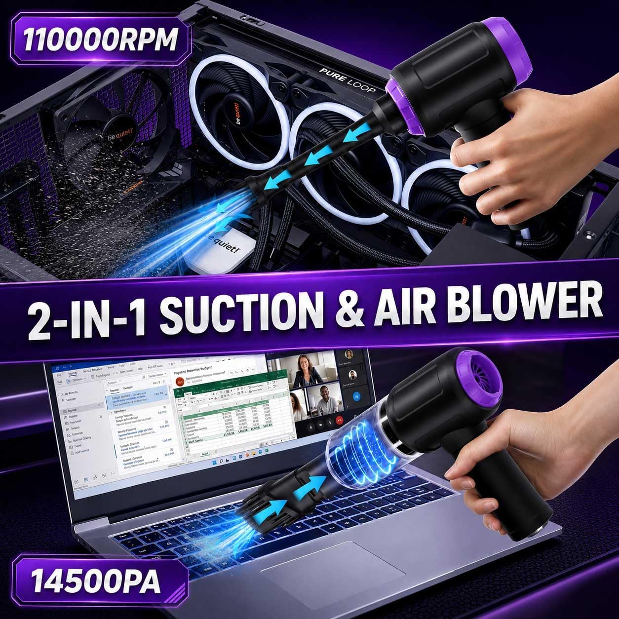 14.5KPA Computer Keyboard Vacuum Cleaner & 110000RPM Electric Air Duster 3-in-1, Replaces Canned Air, for PC Tower & Car Laptop Sewing Machine Portable Keyboard Vac USB Desk Crumbs Dust Cleaners