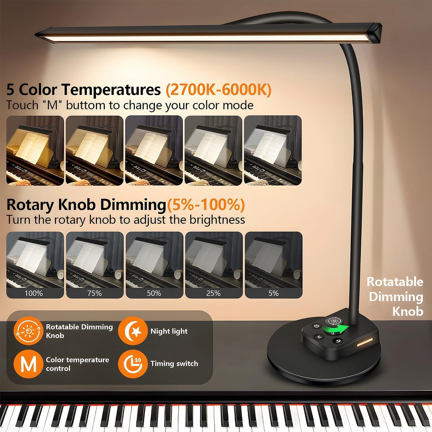 Piano Light, Upgraded LED Piano Lamp for Grand/Upright & Digital Pianos, Music Stand Lamp with Adjustable Gooseneck, Auto-Off Timer, 5 Color Modes Dimmable & USB Charging Port Eye-Care Desk Light