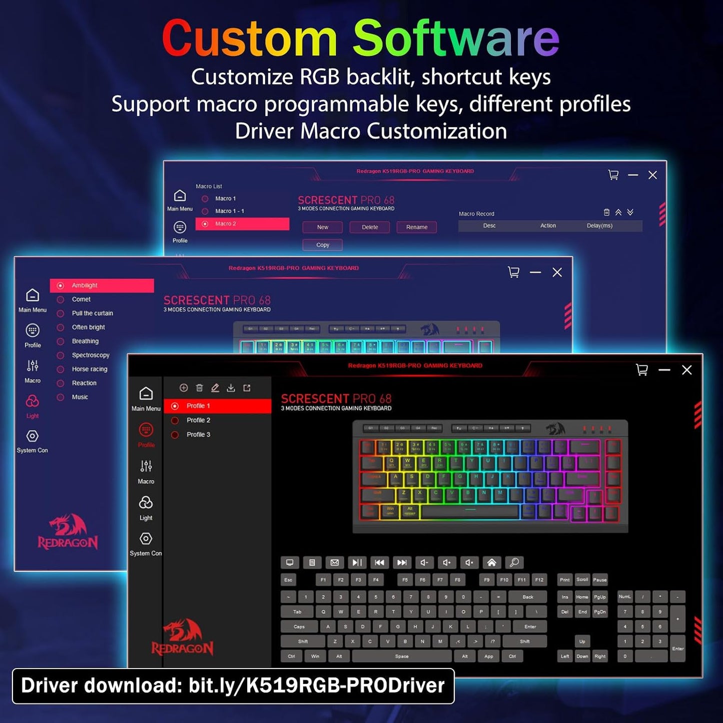 Redragon Wireless Gaming Keyboard, RGB Backlit, Portable 60% Design, Black | Bluetooth/2.4GHz/USB-C Wired, Mini Quiet Macro Membrane Keyboard, Rechargeable 4000mAh Battery, Anti-Ghosting for Win/MAC