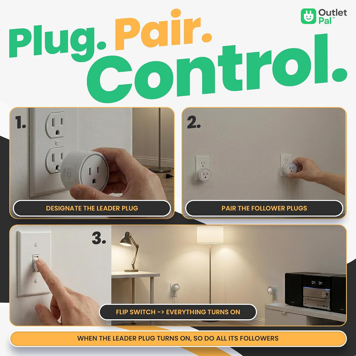 Change Which Outlet Your Wall Switch Controls | No App, No WiFi Required | Synchronized Outlet Plugs | Wirelessly Paired Smart Plugs