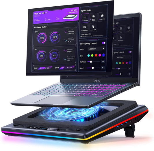 llano V12 Ultra Laptop Cooling Pad with Smart Software Control Laptop Fan | Laptop Stand RGB, 5.5" Turbo Fan, Adjustable Speed, 3-Port USB 3.0 Hub, 3 Height Stands, for 15.6"-19" Gaming Laptops, Black