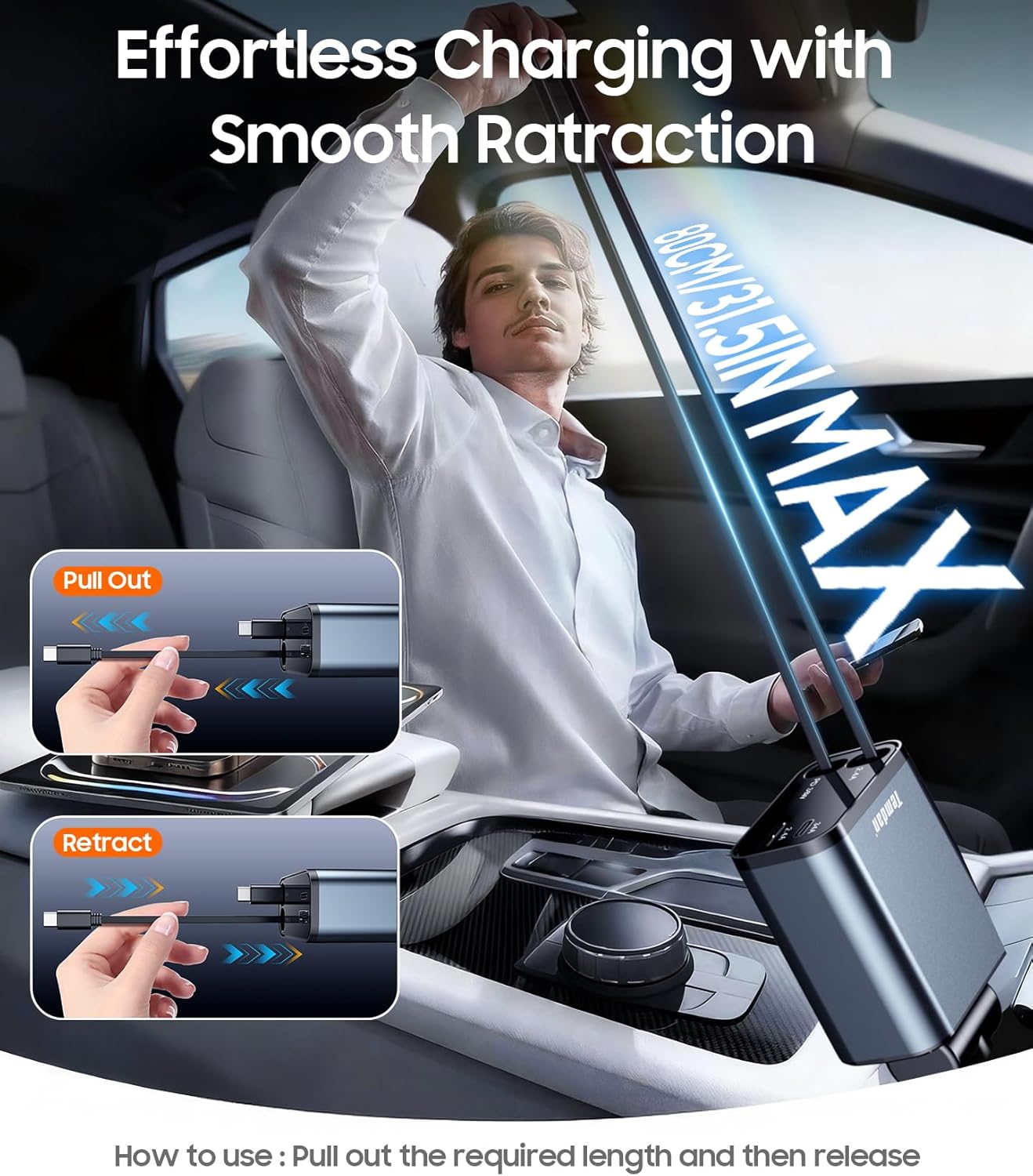 Retractable Car Charger,75W Fast Charger USB C Car Truck Accessories | Cigarette Lighter Adapter, Car Accessories, Birthday Gifts for Men Women Dad Mom Husband, for iPhone 15/16/17 Pro/17 Pro Max