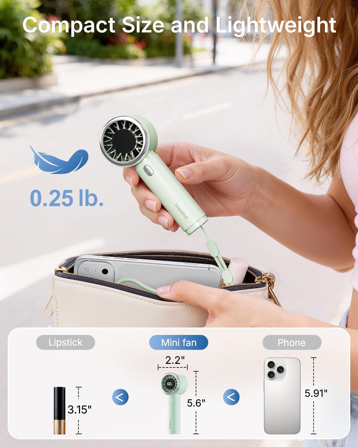 SWEETFULL Portable Handheld Fan, Mini Rechargeable Personal Hand Fan | Strong Airflow, Up to 12H, Pocket-Sized, 5 Speeds, Quiet Cooling Travel Essentials, Cute Gifts for Women, Girls, Lash, Makeup