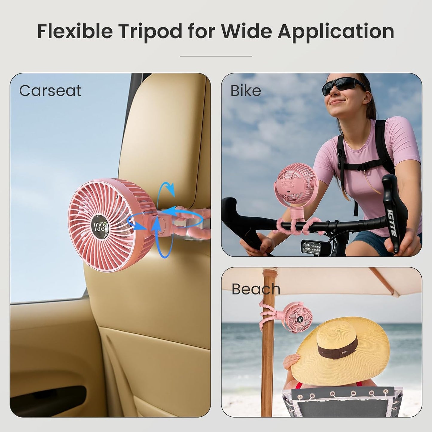 Coohea Portable Stroller Fan, 25H Long-lasting, 4 Speed, Night Light, Pink | 4000mAh Rechargeable Battery Powered Fan, Head Detachable 360° Rotate Mini Fan, Easy to Wrap for Car Seat Crib Bike Treadmill