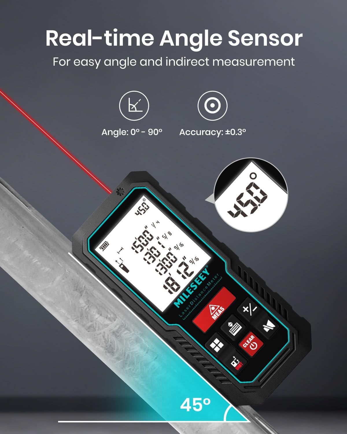 MILESEEY Laser Measure, 229ft Laser Measuring Tool with Angle Sensor | 2mm Accuracy, Distance/Area/Volume/Pythagorean Measurement, 2" LCD Backlit, Ft/In/Ft+In/M Unit Switching, Battery Included