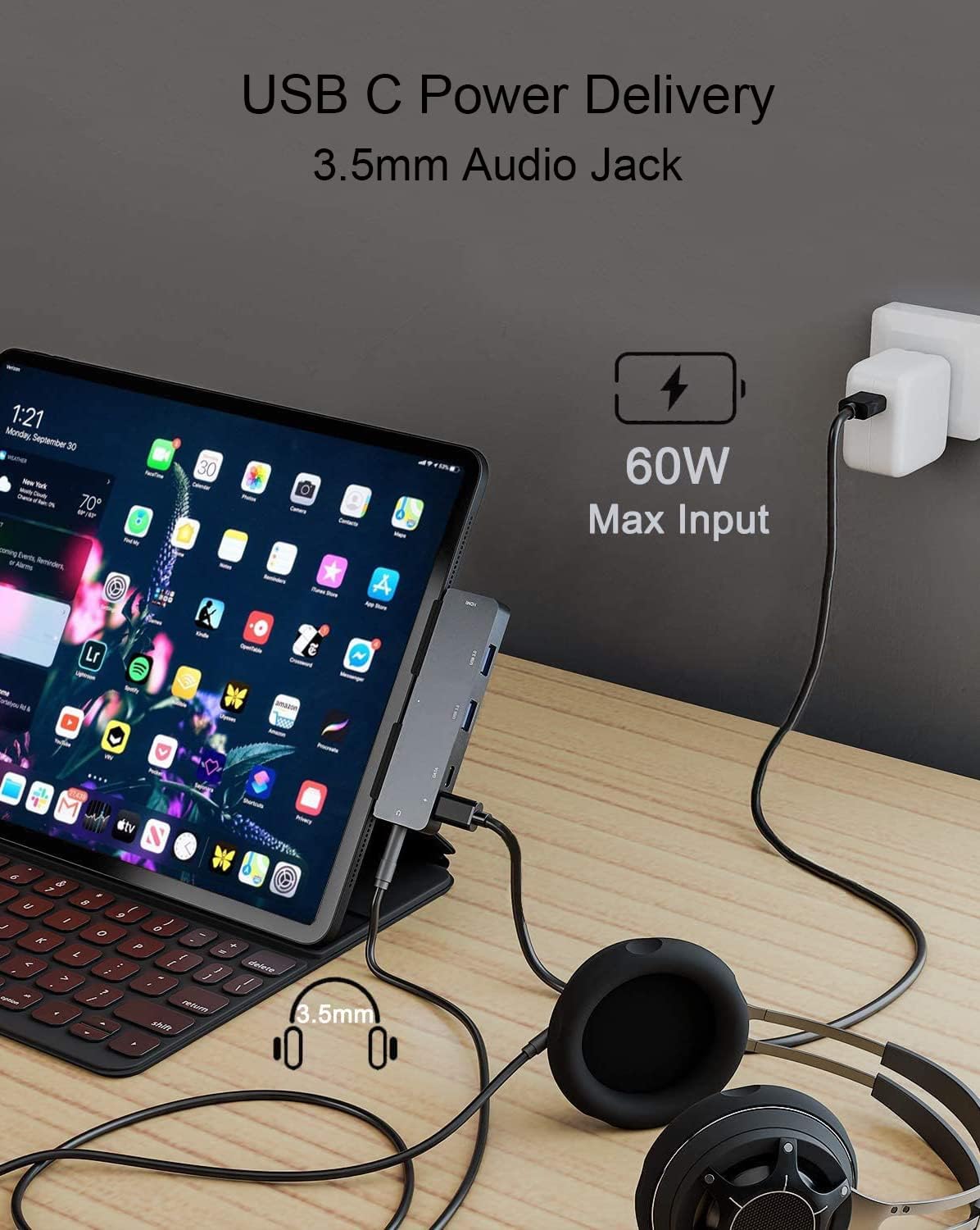 iPad Pro USB C Hub Adapter for iPad Pro 2024 M4 M2 M1,7-in-1 Hub with 4K@60Hz HDMI,3.5mm Jack,USB3.0,PD 60W,SD/TF Card Slot,iPad Air 4/5,iPad mini 6,iPad pro 13 12.9 Accessories.