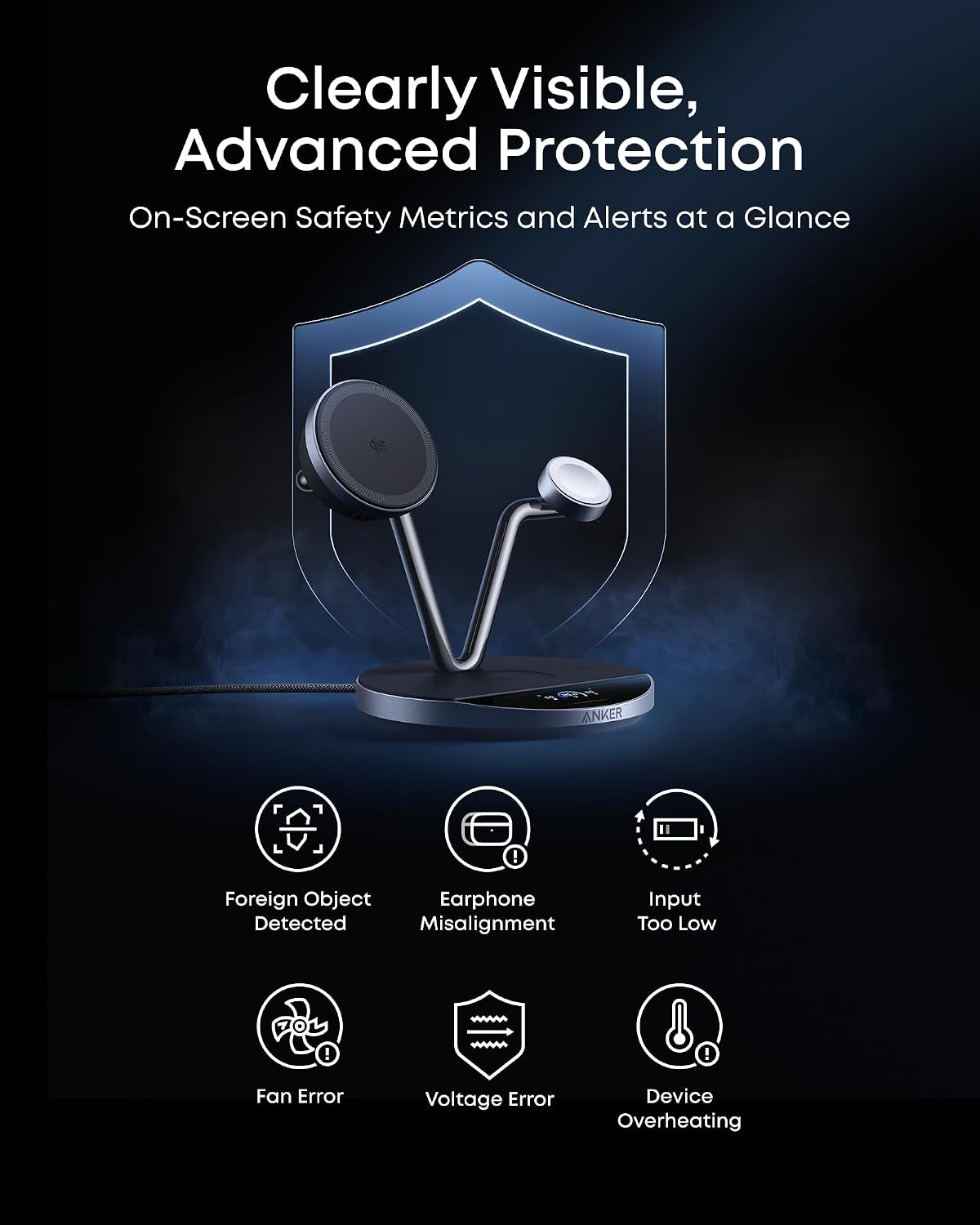 Anker Prime 3-in-1 Qi2.2 MagSafe Compatible 25W Wireless Charging Station | Smart Display with TEC Active Cooling, for iPhone 17, Apple Watch, AirPods Pro, and More (Adapter Included)