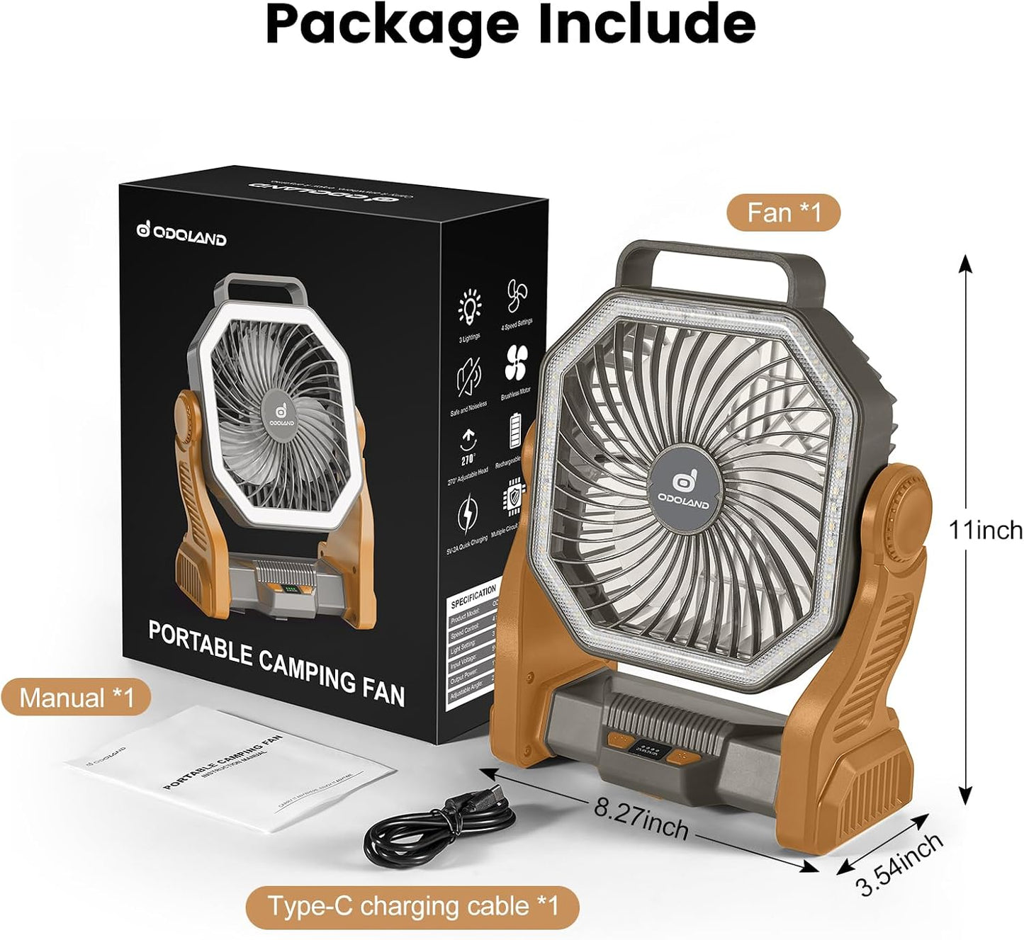 Odoland Portable Rechargeable Fan, 20000mAh Camping Fan with LED Lantern | 4-Speed Airflow & 3-Color Light Oscillating Fan with Hanging Hook for Tent Car Beach Hurricane Power Outage, Brown