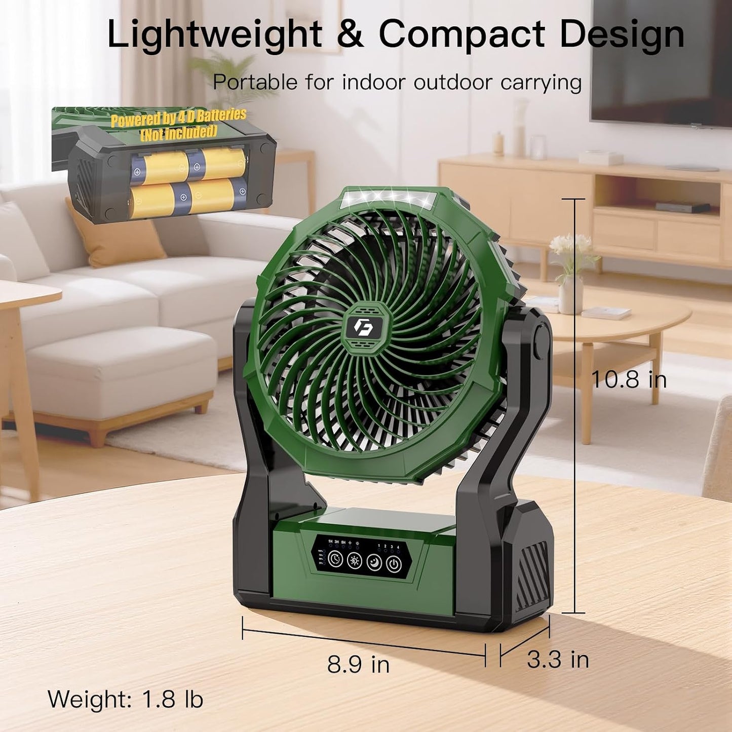 Battery Operated Fan, 2-in-1 D-Cell Battery & USB Powered Portable Fan with 4 Speeds, 3 Timers & 2 Light Modes, Super Long Lasting Camping Fan for Outdoor Tent Travel Picnic Office Bedroom - Green