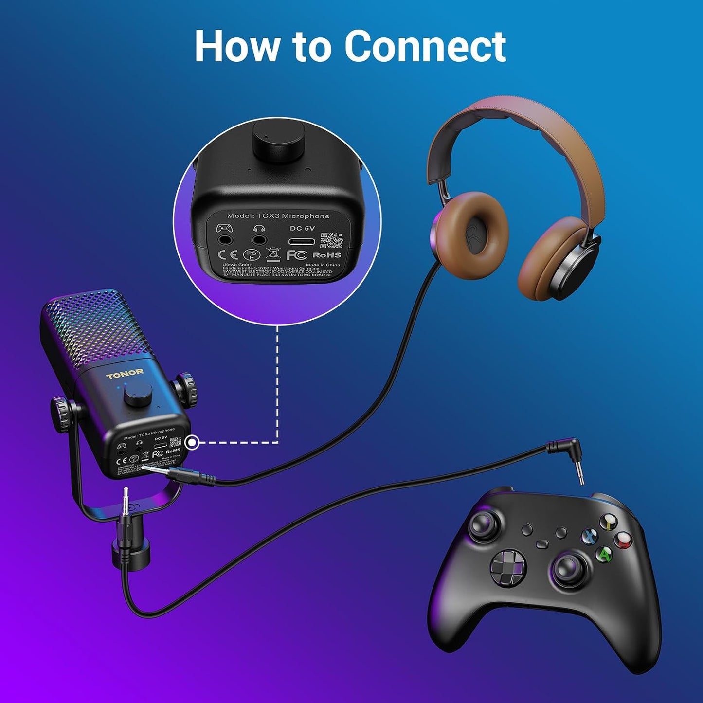 TONOR Gaming Mic Compatible with Xbox, RGB Streaming Boom Mic with 30H Battery Life, Low Noise, Monitoring, Gain Control, One Tap Mute, Fast Charging, Compatible with Capture Card TCX3+ Black