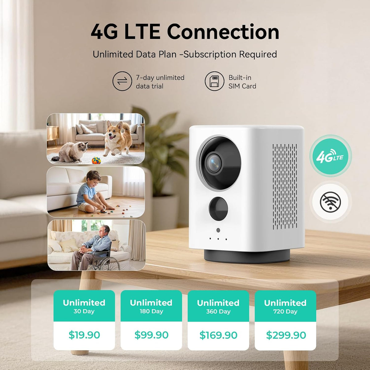LIWAN 4G LTE Cellular Security Camera Indoor Wireless, No WiFi, 2K, Portble