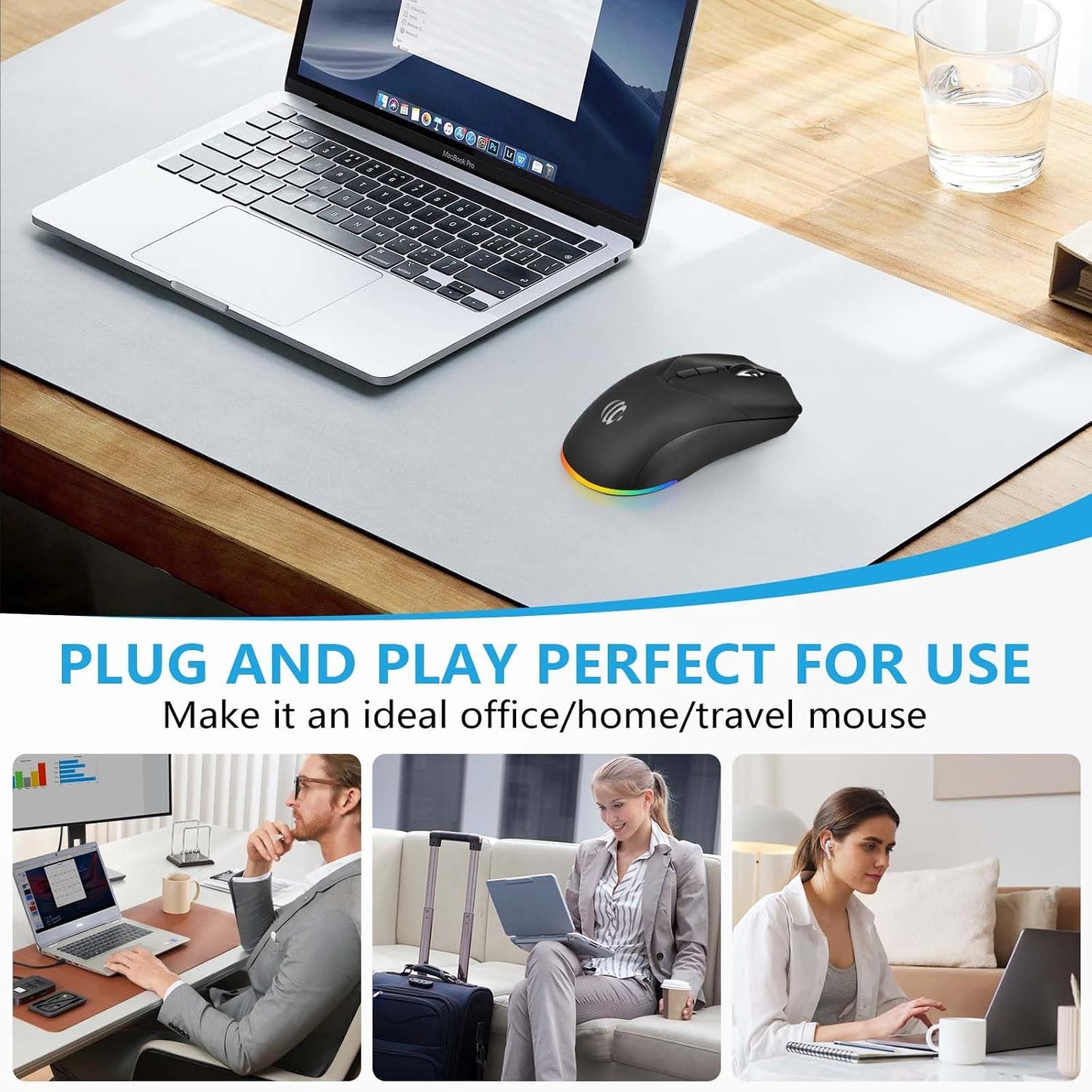 Wireless Mouse, Bluetooth Rechargeable Mouse, Dual Mode BT 5.2 + 2.4G USB Silent Wireless Bluetooth Mouse, RGB Ergonomic Design, 3-Level Adjustable DPI Mouse for Laptop, PC, Mac, Ipad, Black