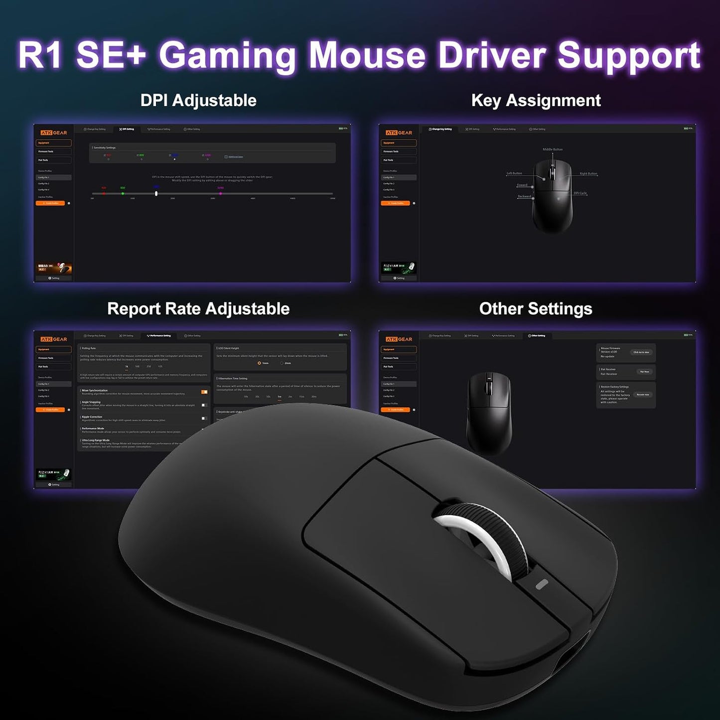 R1 SE+ Gaming Mouse, 18000 DPI, High-Precision PAW3395 SE Sensor,55g Lightweight, Tri-Mode 2.4G/BT5.0/USB-C Mouse, Programmable Ergonomic Mouse for Laptops/PC/Mac (Black)