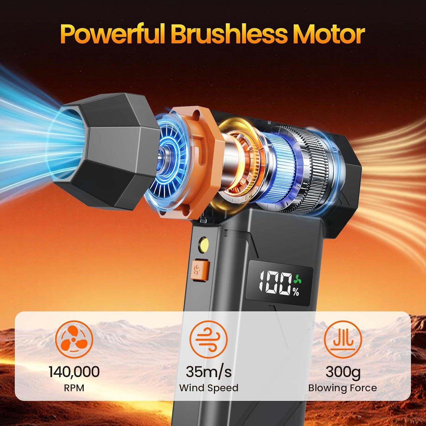 Dzaki Compressed Air Duster & Vacuum 2-in-1, 140000RPM Electric Air Duster, 4-Gear Adjustable Rechargeable Cordless Dust Blower with LED Light Fast Charging for Keyboard PC Car Home Outdoor-Orange