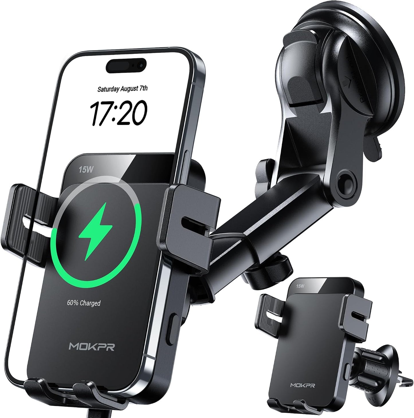 Wireless Car Charger 15W Auto Clamping Phone Holder Dash Windshield Vent | Car Charger Compatible with iPhone 17 16 15 14/13/13 Pro/12 pro/12/11/X/8, Samsung S24/S23/S22