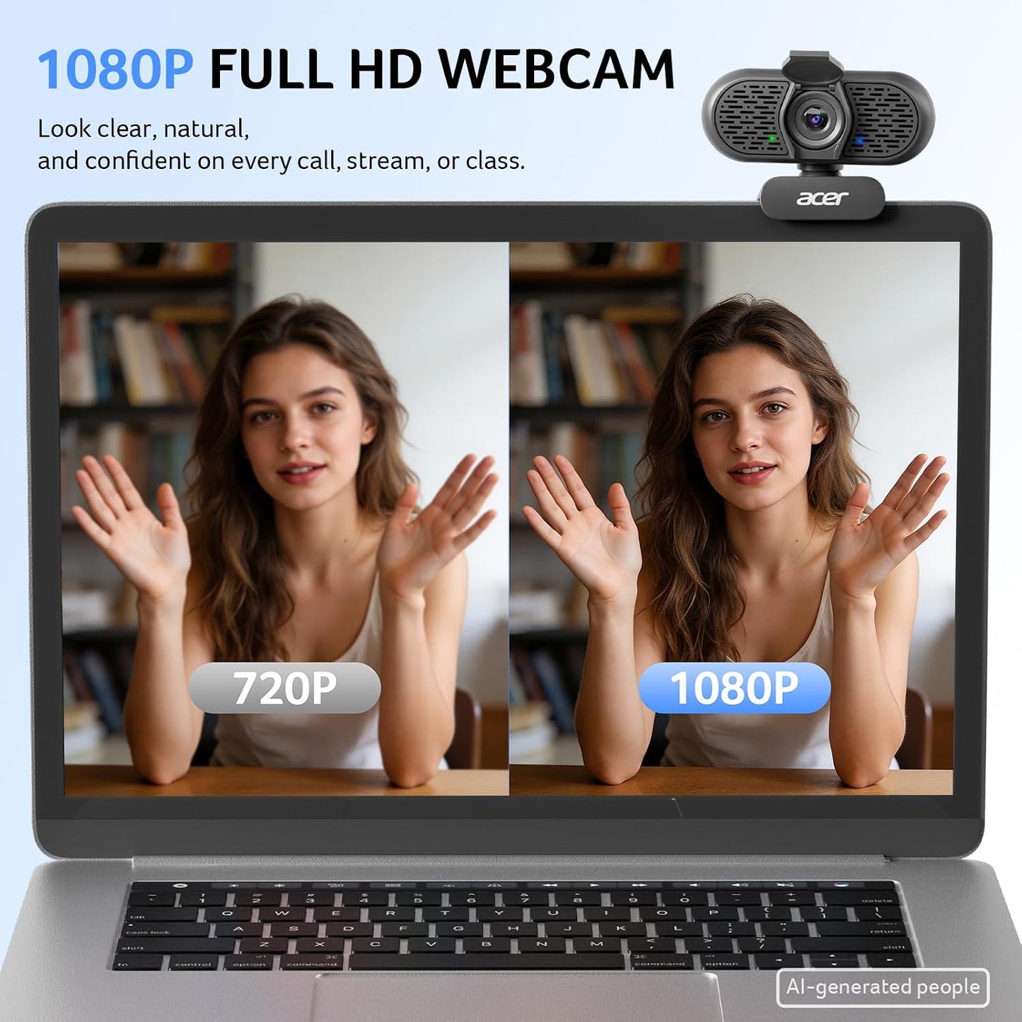 Acer 1080p Webcam USB Plug and Play Webcam for PC with Noise Cancellation Microphones Computer Camera for Desktop Streaming Gaming Online Meeting Wide Angle Privacy Cover A-to-C Adapter Easy Setup