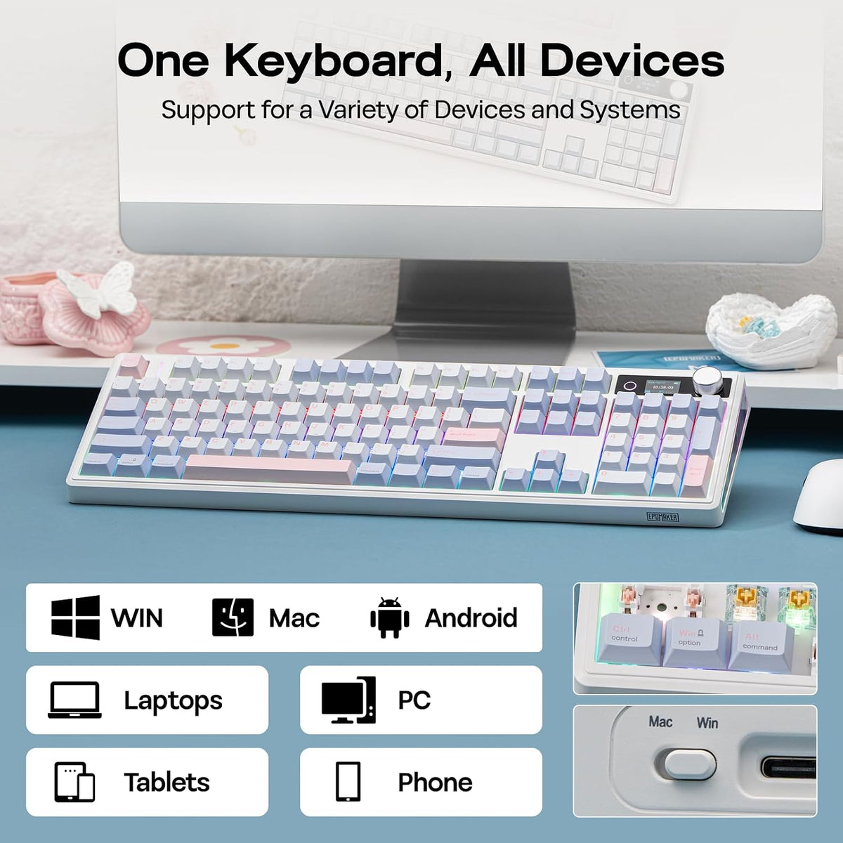 EPOMAKER TH108 V2 PRO Full Size Mechanical Keyboard with Screen&Knob, 10000mAh, BT/2.4Ghz, Mac Modifier PBT Keycap, Hot Swap, RGB, Gasket, Wireless Gaming Keyboard for Mac/PC (Blue, Creamy Jade)