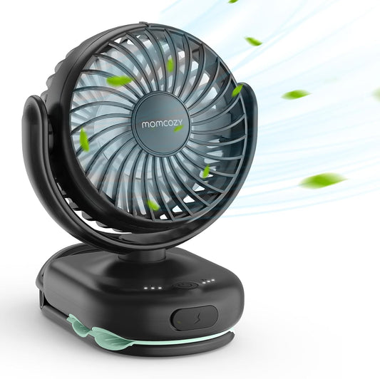 Momcozy Portable Stroller Fan with Clip, 4-Speed Mini Cooling Fan, 0.26 Lb | Ultra-Light Rechargeable Design, Gaps ≤ 4.5 mm, Rotating Handheld Cooling for Carriers, Backpacks and Tables