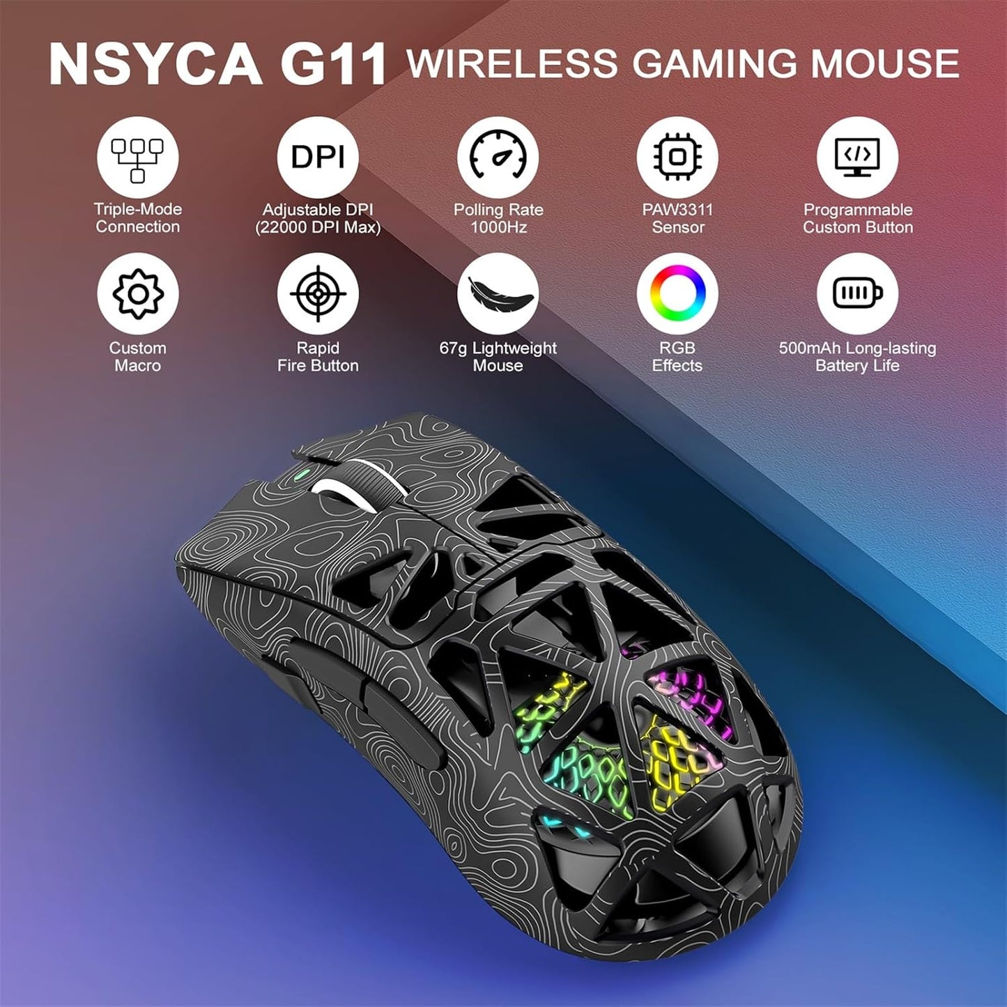 G11 Lightweight Wireless Gaming Mouse for FPS & Competitive Gaming, Tri-Mode Bluetooth 5.1/2.4GHz/USB-C, 22000 DPI RGB Mouse with Programmable Buttons for PC, Laptop & Mac