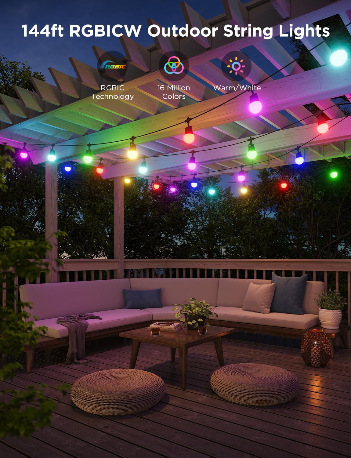 Govee Smart Outdoor String Lights 2, 144ft RGBIC Patio Lights with 45 Bulbs | Dimmable Warm White LED Bulbs, IP65 Waterproof, 47 Scene Modes for Backyard, Balcony, Work with Alexa, App Control
