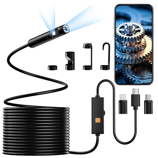 Endoscope Camera with Light, Dual-Lens 1920P HD Borescope Tools with 8+1 Adjustable LED Lights, 16.4FT Semi-Rigid Snake Cord IP67 Waterproof Inspection Camera for iPhone, iPad, iOS and Android Phone