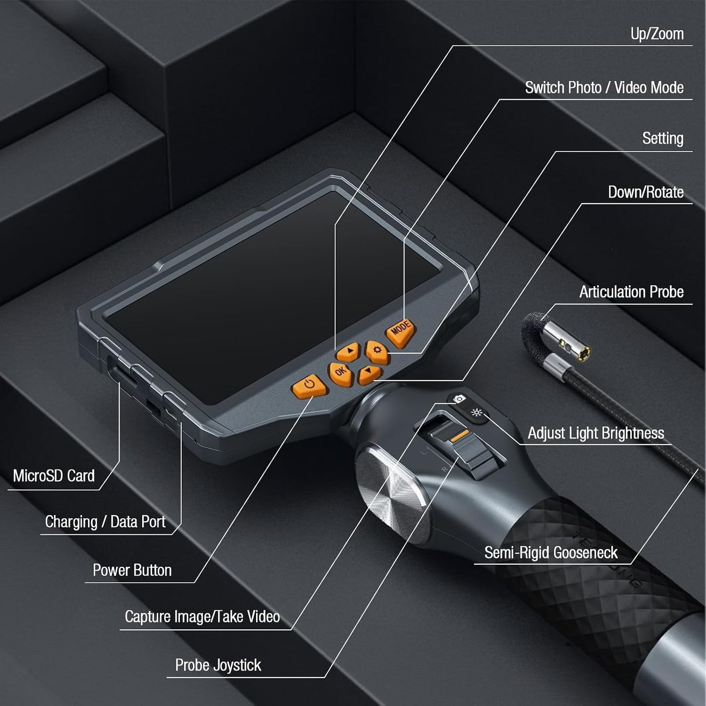Teslong TD500 6.5mm Articulating Borescope with Dual Lens Endoscope | Mechanic Automotive HVAC Wall Inspection Tool, 5" IPS Screen, 6+1 LED Lights, 1.0MP HD, 32GB, IP67 Waterproof, Carrying Case