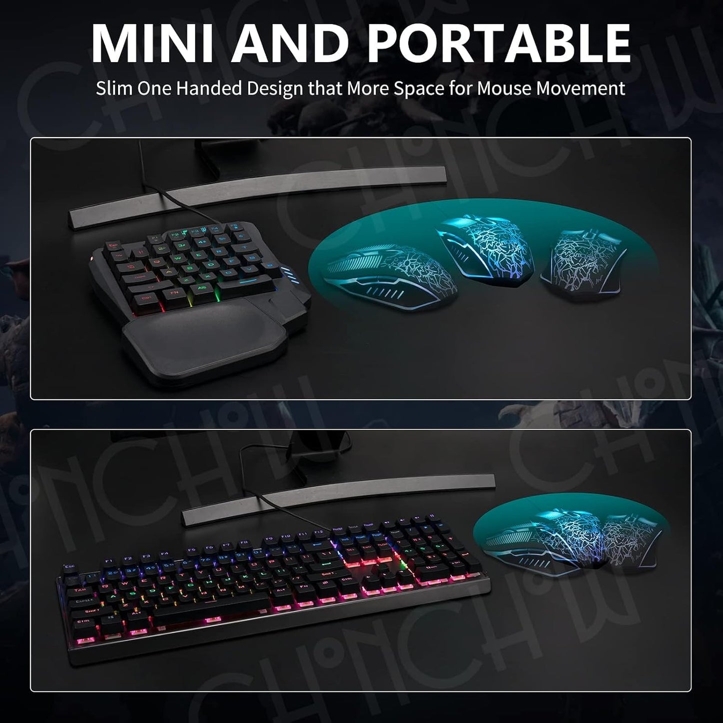 CHONCHOW One Handed Gaming Keyboard, 35 Keys, Rainbow LED, Wired USB, Ergonomic with Wrist Rest, Mini Portable, PS4/PS5/Xbox/PC/Laptop Compatible