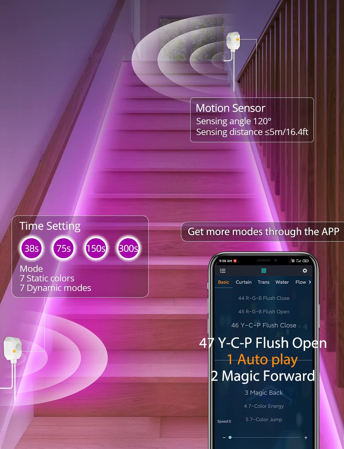 MATICOD Motion Sensor Lights Indoor Under Bed RGB LED Light Strip With APP Control - Night Lights for Bedroom, Kitchen, Closet and Stairs - 9.84ft
