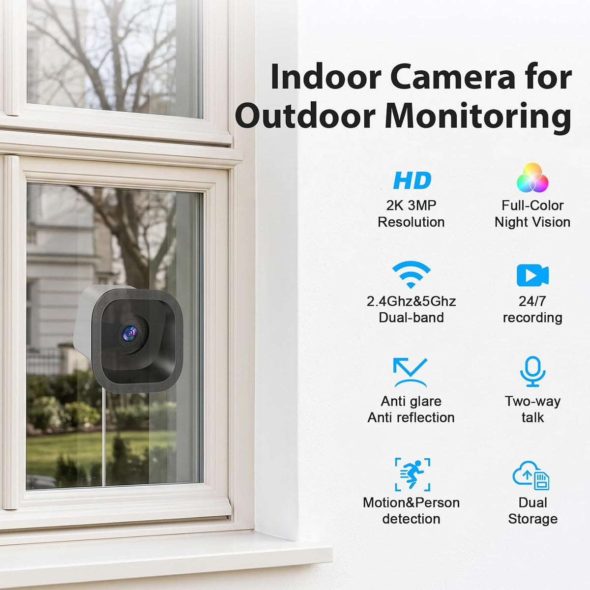 No Drill 2K Window Security Camera, Starlight Color Night Vision, Anti-Glare Anti-Reflection, 2.4GHz&5GHz WiFi Indoor Camera for Outdoor Monitoring,24/7 Recording,Local & Cloud Storage