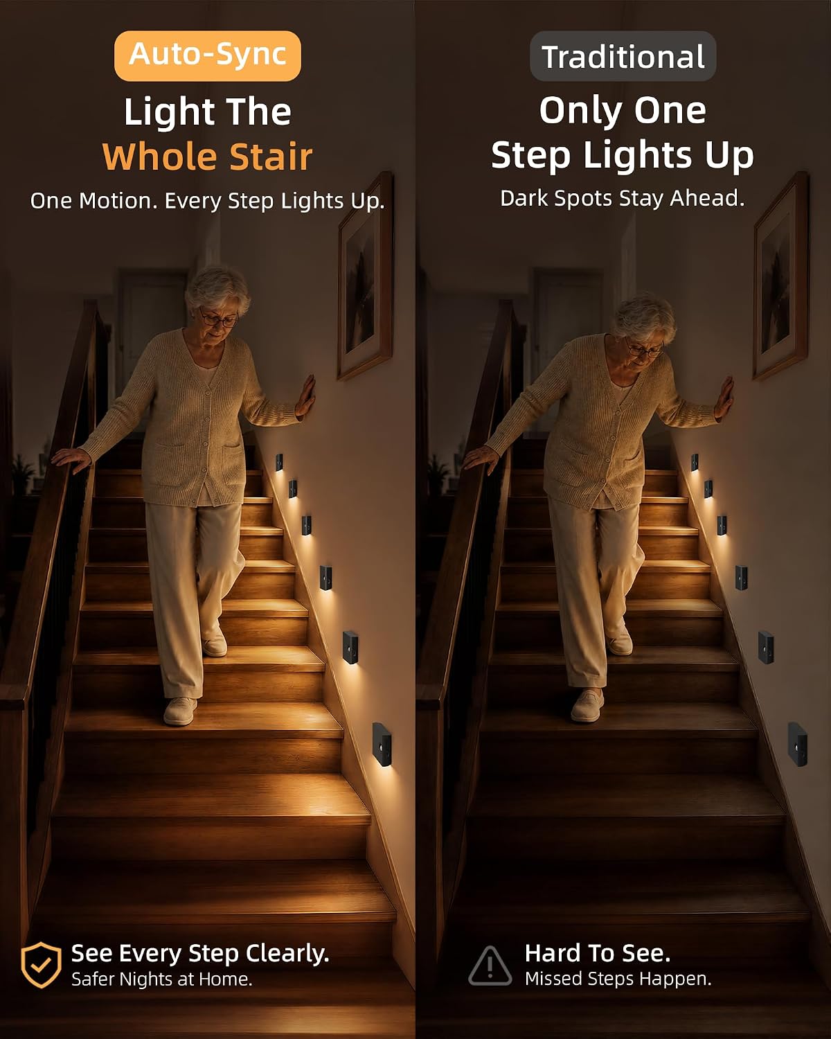 EZVALO 3 Pack Motion Sensor Night Lights, Sync LED Stair Lights Indoor, 1500mAh Rechargeable, Magnetic & Dimmable, 3000K Soft White, Portable Nightlight for Hallway, Stairs, Bathroom, Bedroom (Black)