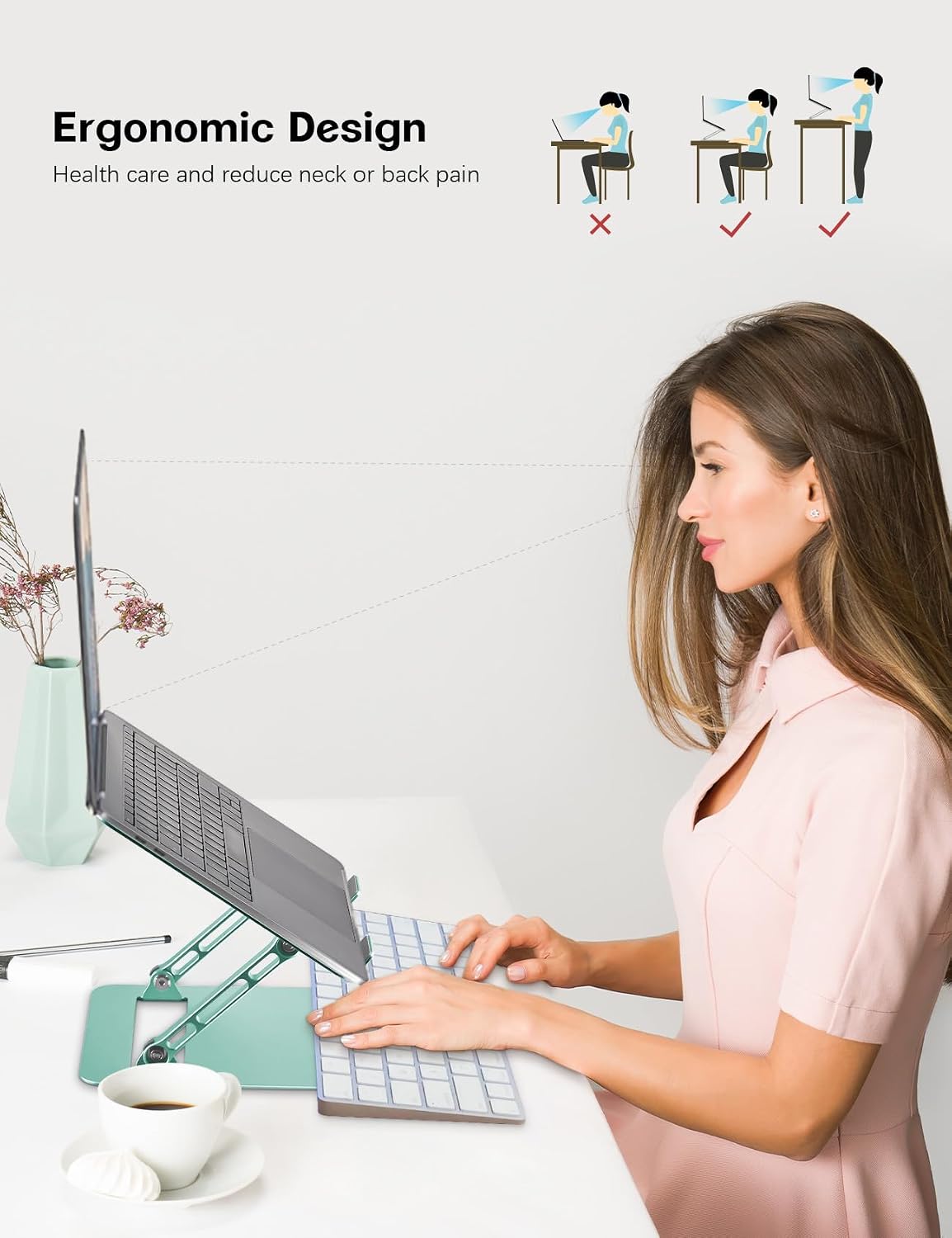 Aoviho Adjustable Laptop Stand for Desk,Portable Laptop Stand Holder and Riser,Foldable Aluminum Notebook Computer Stands for MacBook Air Pro HP Lenovo Dell Samsung, 10-15.6 inch (Fresh Green)
