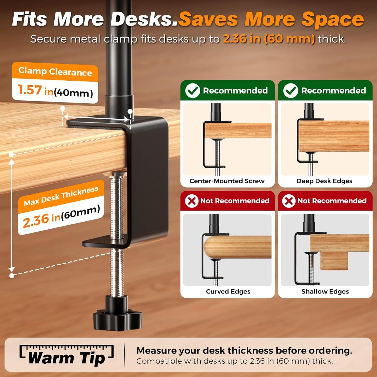 Airlonv LED Desk Lamp with Clamp, 17" Stepless Dimming Light, Black | 2700K-6500K, 100 LEDs, 360° Gooseneck, Fits Up to 30" Monitors, Flicker-Free Lighting for Home Office, Study& Workbench